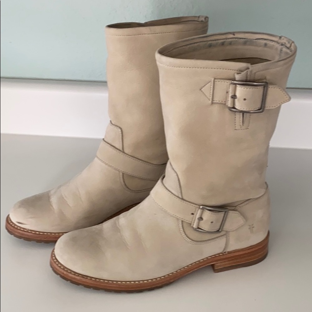 Frye Natalie Mid Engineer Beige Cream Leather Boots